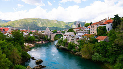 Fototapeta na wymiar Panorama of The Old Bridge and city of Mostar, Bosnia and Herzegovina.