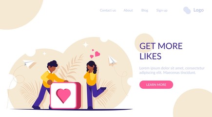 Get more likes concept. Social media illustration. Man pushes big button with heart. Girl rejoices from the received attention from the man. Landing web page template.