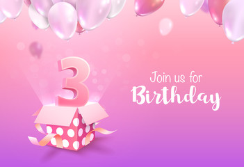 Celebrating of 3 years birthday vector 3d illustration on soft pink background. Three years anniversary and open gift box balloons