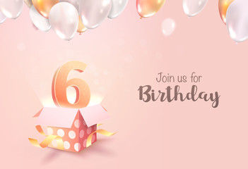 Celebrating of 6 years birthday vector 3d illustration on soft background. Six years anniversary and open gift box with balloons