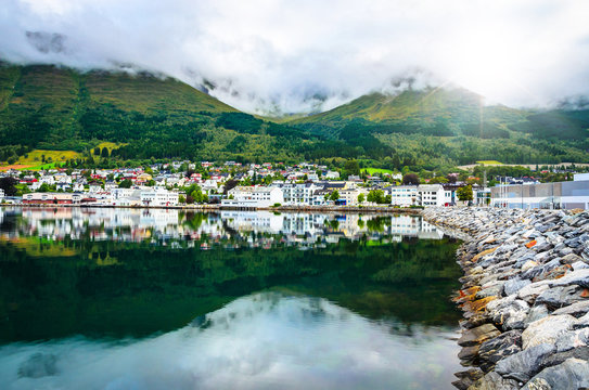 Panoramic view of beautiful city Orsta, Norway