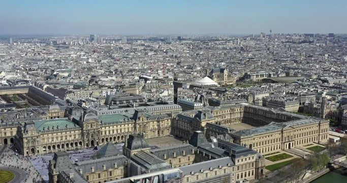 Aerial view over louvre and parc Tuillerie in Paris