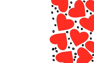 Love background with drawn red hearts. Red color template to place text for quote, love, marriage and wedding topic. Horizontal banner. Flat lay of top view. Vector hearts 