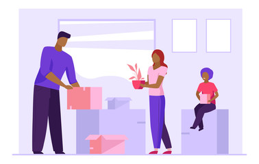 Family moving to new home. People unpacking boxes and carrying home plants flat vector illustration. Rent, mortgage, relocation concept for banner, website design or landing web page