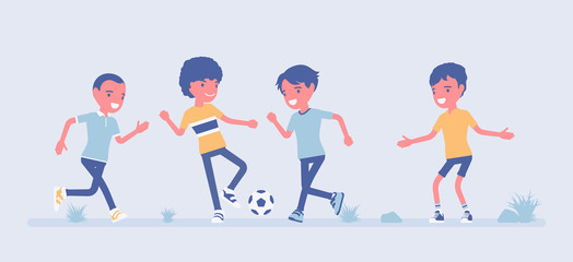 Street football young players. Amateur junior sport team playing soccer outdoors on a green grass yard, summer fun, hoody and entertainment, weekend activity. Vector flat style cartoon illustration