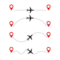 Set of vector icons of airplanes flight route with start and destination point and dash line trace