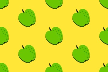 Green apple fruit pattern. Seamless summer background. Bright kitchen, home decor or healthy eating design. Cartoon flat design. Vector