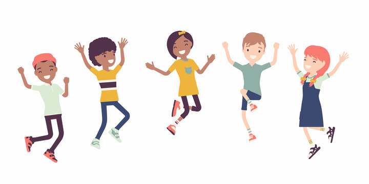 Happy joyful children jumping with joy. Cute kids having fun, diverse group of school friends enjoy free time together, entertainment or holiday activity. Vector flat style cartoon illustration