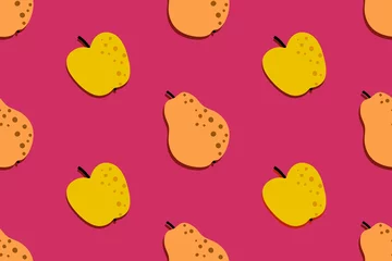 Muurstickers Appel en peer fruitpatroon. Naadloze herfst achtergrond. Lichte keuken, woondecoratie of ontwerp voor gezond eten. Cartoon plat ontwerp. Vector © Ava Ava