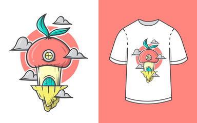 Cute fantasy mushroom house illustration t shirt design