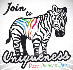 Fototapeta na wymiar Zebra with Colorful Stripes Promoting to Join Rare Disease Day, Vector Illustration
