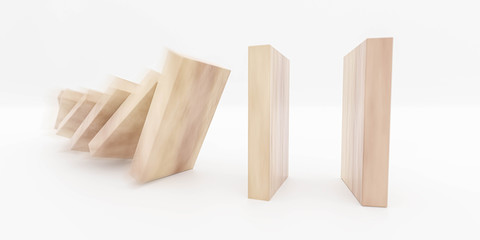 falling wooden blocks isolated on white background, domino effect concept 3d render illustration