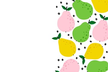 Fruit background with cute pear drawing. Summer color template to place text for healthy food eating, quote or recipe. Horizontal banner. Flat lay of top view in cartoon style. Vector 