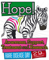 Colorful Zebra with Labels and Precepts Commemorating Rare Disease Day, Vector Illustration - obrazy, fototapety, plakaty