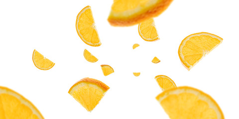 Falling fruit isolated. Orange tangerine citrus flying on white background. Fresh food concept.
