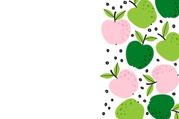 Fruit background with cute apple drawing. Summer color template to place text for healthyeating, quote or recipe. Bright horizontal banner. Flat lay of top view in cartoon style. Vector illustration.