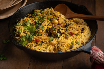 Indian vermicelli upma cooked in cast iron pan