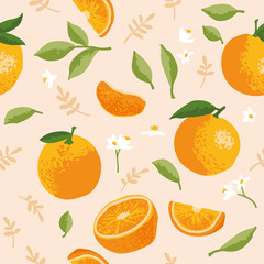 Fototapeta na wymiar Vector summer pattern with oranges, flowers and leaves. Seamless texture design.