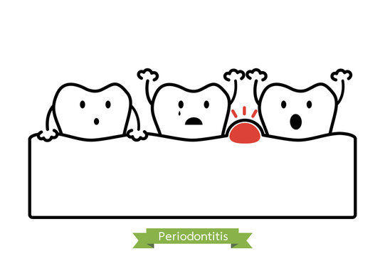 periodontitis or gum disease with swell ( gum and tooth is swollen because inflammation ), dental problem - teeth cartoon vector outline flat style