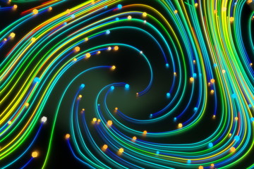Neon glowing twisted cosmic lines on the glossy surface. Turbulence curls flow colorful motion. Fluid and smooth astronomy vortex swirl structure. 3d rendering Abstract creative modern background