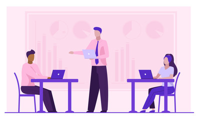 Business leader instructing workgroup. Team using laptops on office flat vector illustration. Corporate discussion, communication concept for banner, website design or landing web page