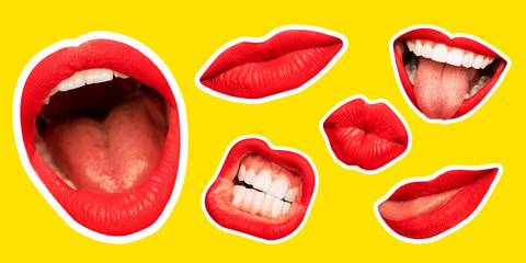 Collage in magazine style with female lips on bright yellow background. Smiling, mouthes screaming, scratching, different emotions. Modern design, creative artwork, style, human emotions concept. - obrazy, fototapety, plakaty