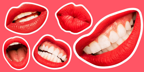 Collage in magazine style with female lips on bright pink background. Smiling, mouthes screaming, scratching, different emotions. Modern design, creative artwork, style, human emotions concept.