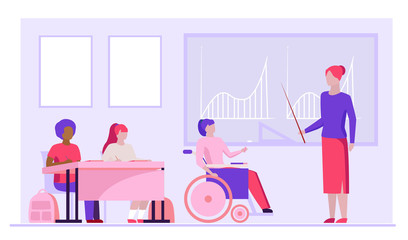 Disable student in class. Girl in wheelchair discussing graphs with teacher flat vector illustration. Education, diversity, school concept for banner, website design or landing web page