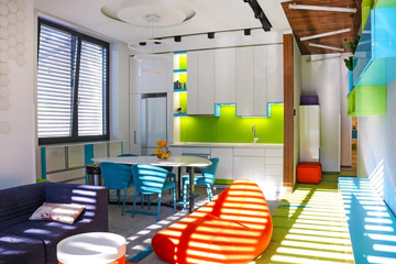 KItchen, dining room and living room in one