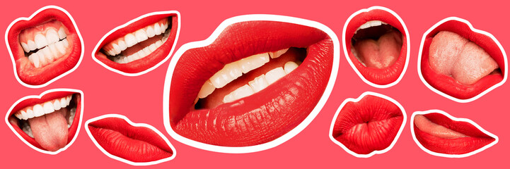 Collage in magazine style with female lips on bright pink background. Smiling, mouthes screaming, scratching, different emotions. Modern design, creative artwork, style, human emotions concept. - obrazy, fototapety, plakaty