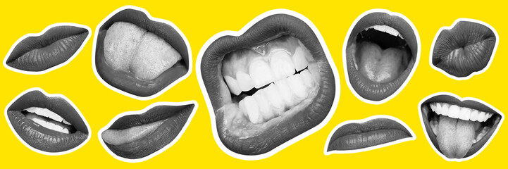 Collage in magazine style with female lips on bright yellow background. Smiling, mouthes screaming, scratching, different emotions. Modern design, creative artwork, style, human emotions concept.