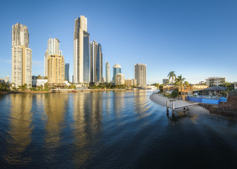 Nerang River and Gold Coat Skyline in Queensland, Australia 