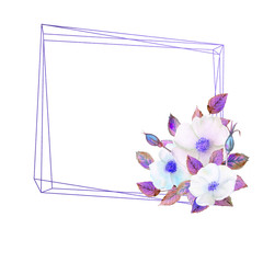White rosehip flowers, a composition in a geometric blue frame. Floral poster, invitation in purple tones. Watercolor compositions for the decoration of greeting cards or invitations