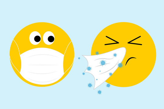 two Emoji one sneezing in to tissue with virus and one with face mask looking worried, coronavirus covid19 concept