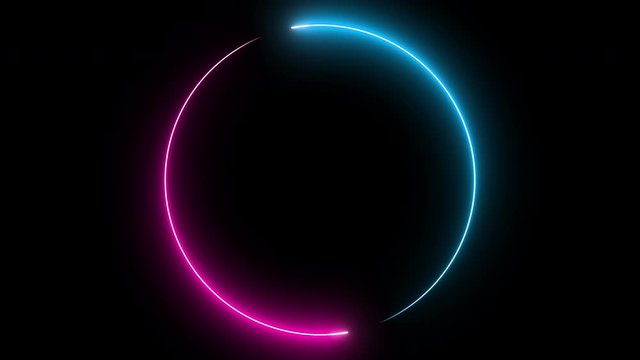 Colored neon animation on a black background. Luminous frame in blue and pink. 3d rendering video.