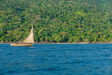 full sail wooden boat on a blue sea passing in front of a large green forest island
