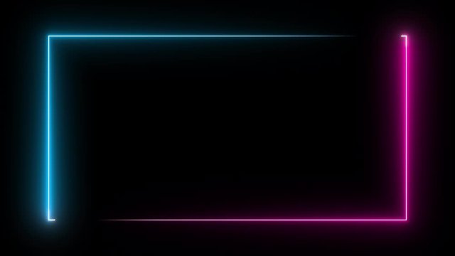 Colored neon animation on a black background. Luminous frame in blue and pink. 3d rendering video.