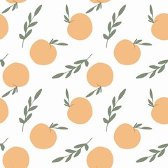 Peaches and green leaves on light background, modern cute seamless vector pattern.