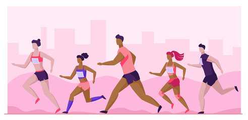 Group of sportsmen running marathon. People in sportswear jogging together flat vector illustration. Sport activities, competition concept for banner, website design or landing web page
