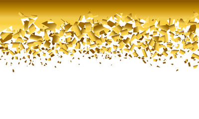 background explosion with debris. Isolated gold illustration on white background. Concept, template for sale. Horizontal banner with 3d effect of particles.