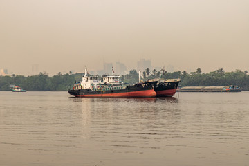 View of Chao Phraya River has cargo ships docked in the middle river And the back is green zone in Bang Krachao area.