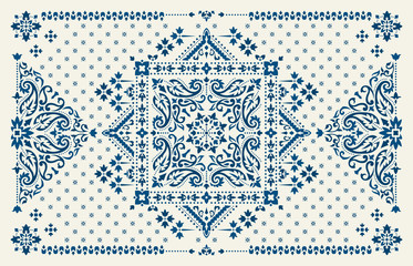 Rectangular Bandana Print vector design for rug, carpet, tapis, shawl, towel, textile, yoga mat. Neck scarf or kerchief pattern design. Traditional ornamental ethnic pattern with paisley and flowers.