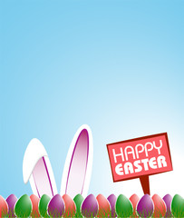 Happy Easter invitation, eggs on grass with rabbit illustration. design space