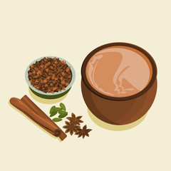 Editable Top Side View Indian Masala Chai With a Bowl of Cloves and Other Assorted Herb Spices for Artwork Element of Beverages With South Asian Culture and Tradition Design