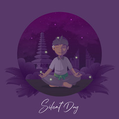 Balinese silent day greeting card with meditate man background