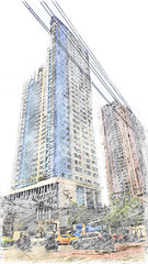 Skatch construction with a pencil. Pencil drawing of a tall building.