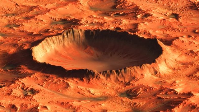 Fly over mars crater, zoom in