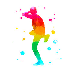 Color silhouette of a dancing man on white background. A male street dance hip hop dancer. Vector isolated man with watercolor texture for logo, sticker, banner, poster. Illustration for dance studio