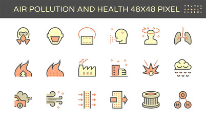 Air pollution and health vector icon set design, 48x48 pixel perfect and editable stroke.