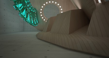 Abstract architectural background interior made of wood, concrete and glass. Neon lighting. 3D illustration and rendering